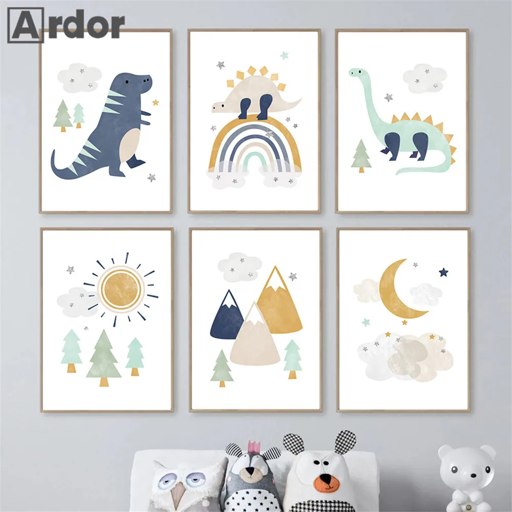 

Cartoon Mountain Tree Painting Posters Dinosaur Canvas Print Nursery Wall Pictures Sun Rainbow Art Poster Nordic Kids Room Decor