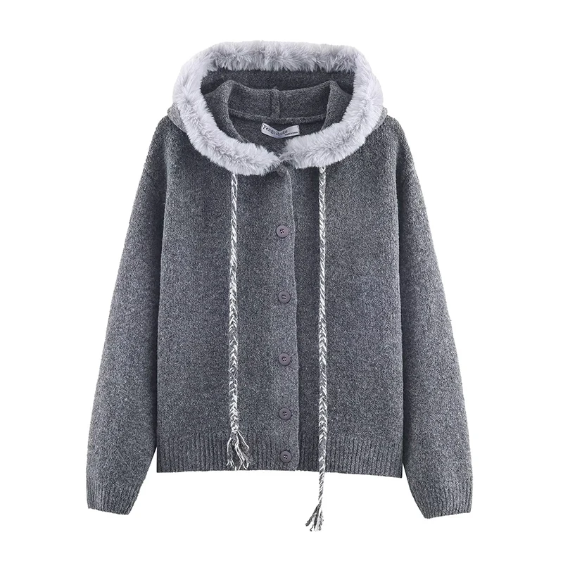 2025 New Women Fashion Plush Hooded Knitted Cardigans Long Sleeve Sweater Cardigan Autumn Winter New Style Knitwear Coat