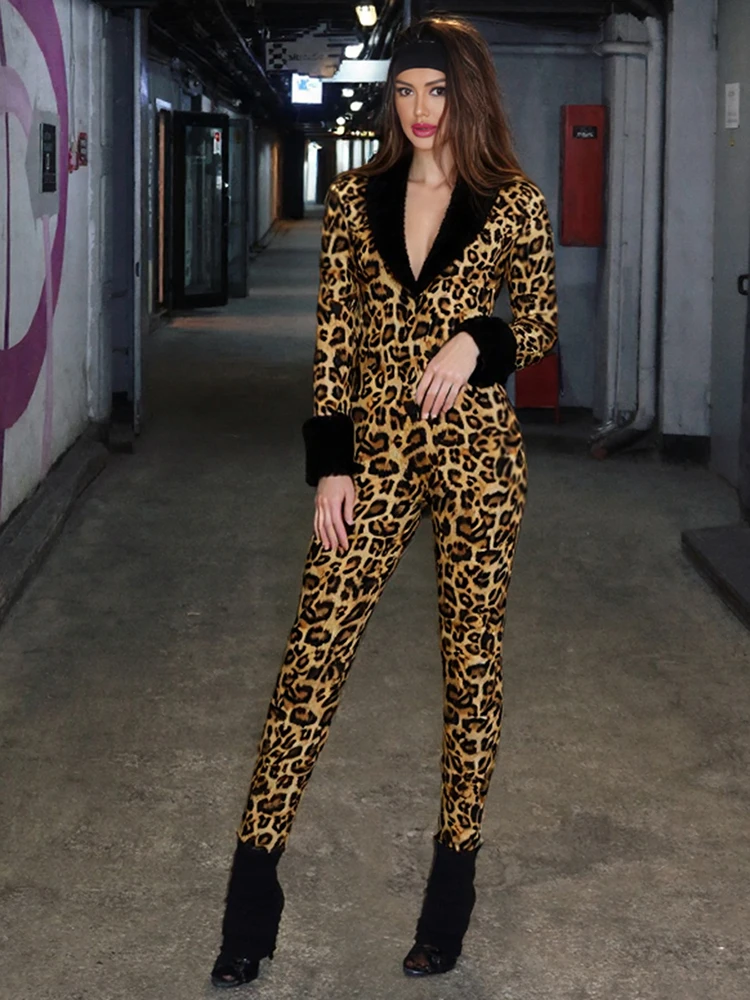 Nibber Leopard Print Jumpsuits Woman Sexy Fashion Furry Low-Neck Full Sleeve Skinny High Waist Midnight Party Style Overalls
