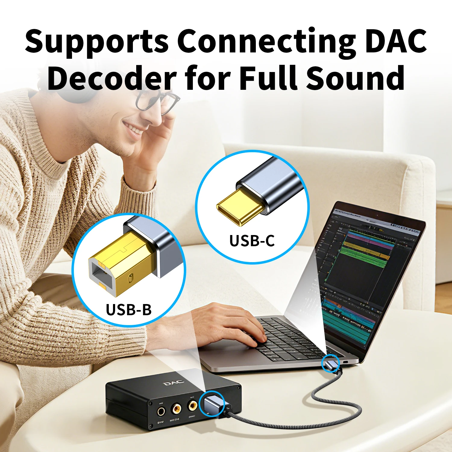 USB C-USB B 오디오 케이블 (미디 컨트롤러 키보드, 전자 피아노, 신디사이저, 사운드 카드, DAC, DJ 믹서 컨트롤러용)