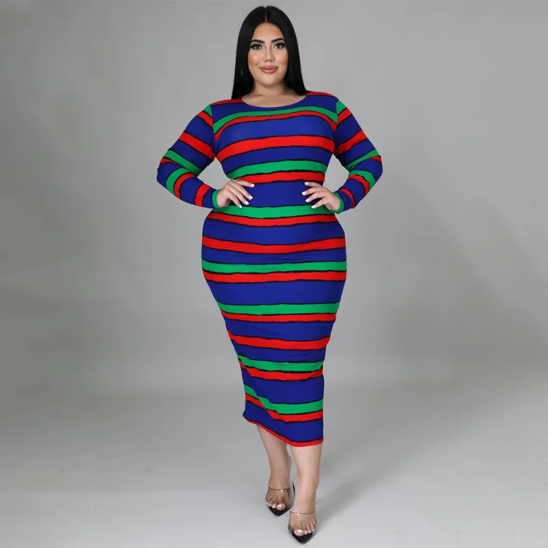 

WUHE Stripe Print Rib Knit Plus Size Women Long Sleeve Bodycon Midi Dress Elegant Skinny 2023 Spring New Pencil Dresses