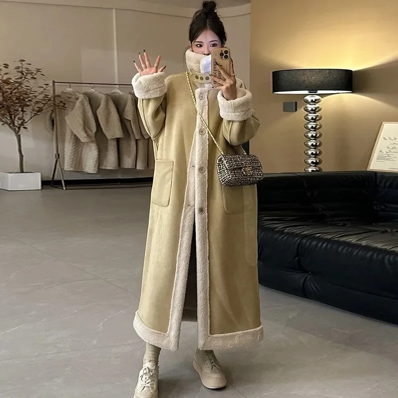 2024 Winter Thick Women Long Double sided Lamb Plush Suede Suit with Leather Fur Integrated Environmental Protection Fur Coat WF