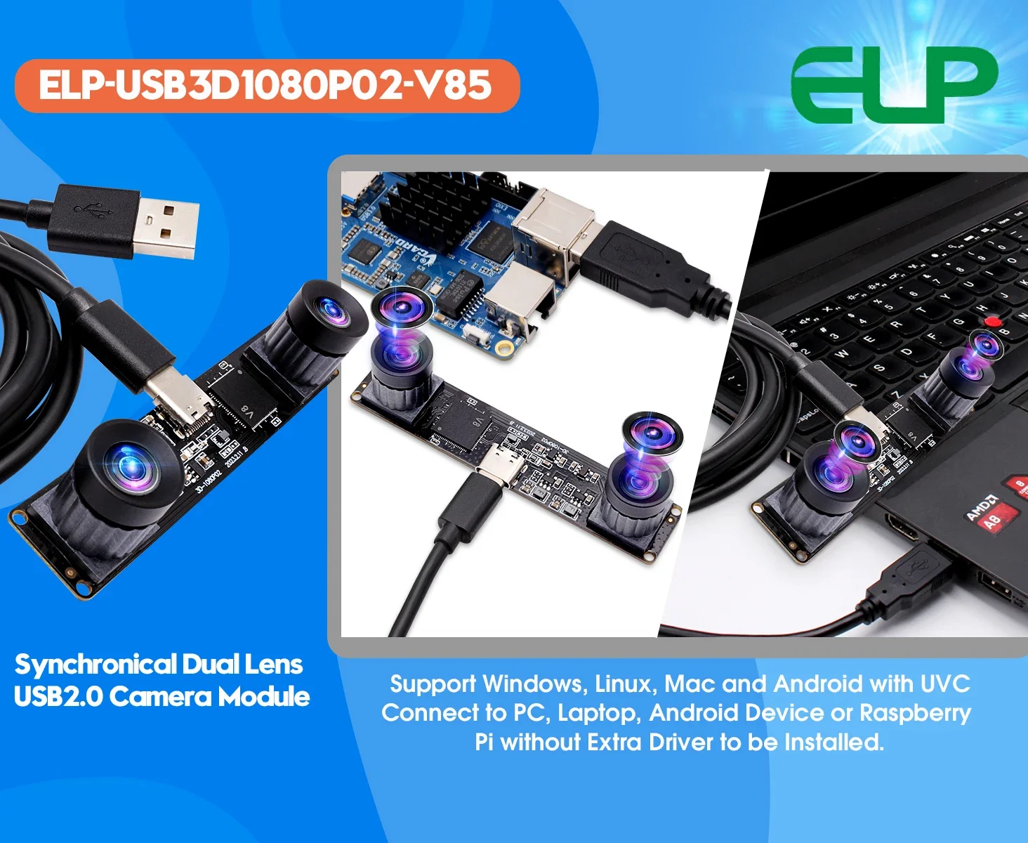 ELP Synchronous 3D Stereo Camera 3840*1080P 4MP 60fps Webcam No Distortion Dual Lens USB Camera Module with Type-C USB2.0 Cable