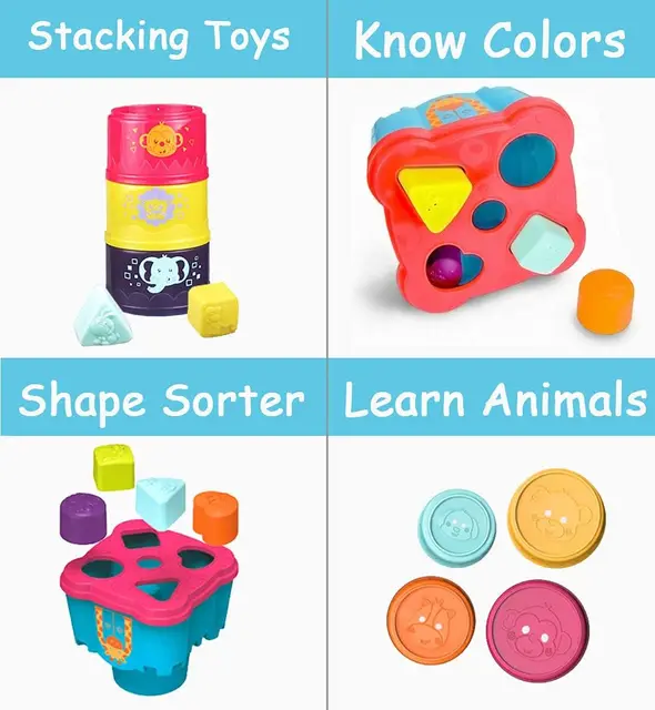  Baby Stacking Toys for Toddlers 1-3, Nesting Cups Shape Sorter  for Infant 6 to 12-18 Months, Stackable Blocks Learning Toy with Rattle &  Free Frog Bath Toy, Birthday Gifts for Kids