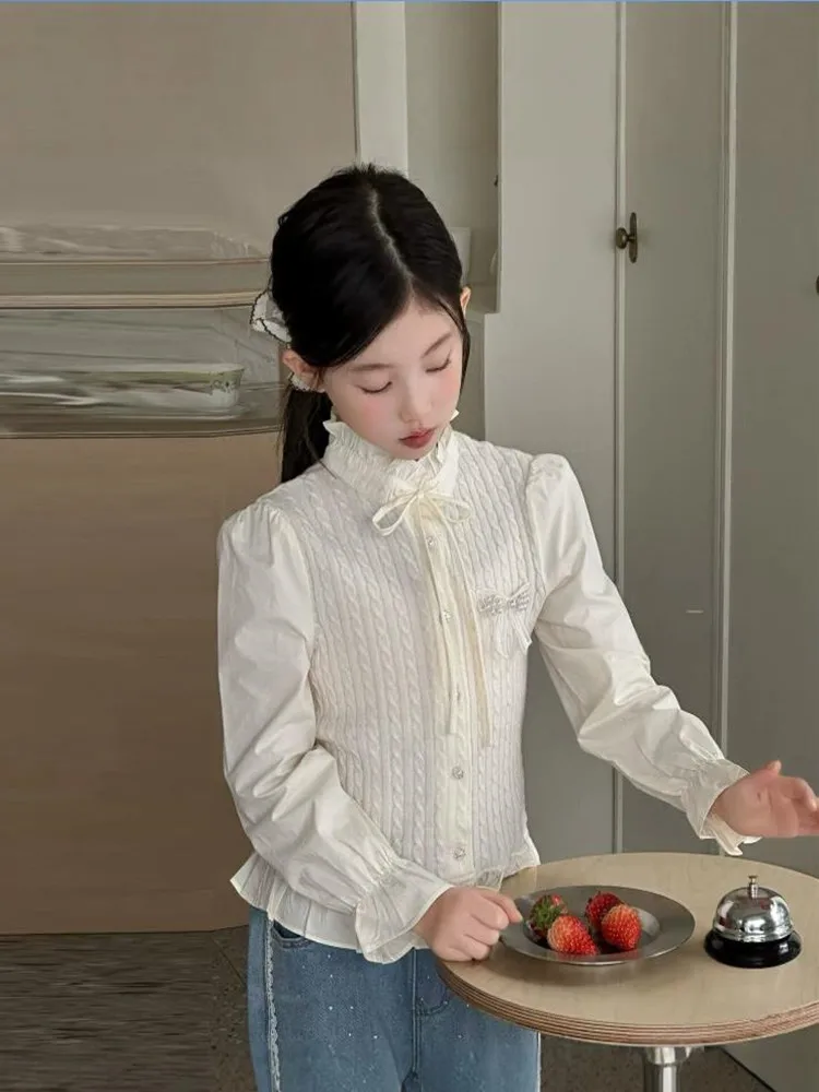 새로운 소녀 니트 패치 워크 셔츠 봄 가을 긴 소매 공주 탑 어린이 거짓 투피스 어린이 블라우스 Wz1434