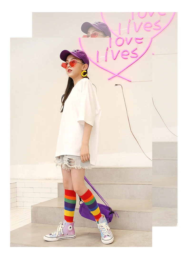 Girls Socks Mid-tube Autumn Children's Rainbow Socks Pile Color Striped Over The Knee