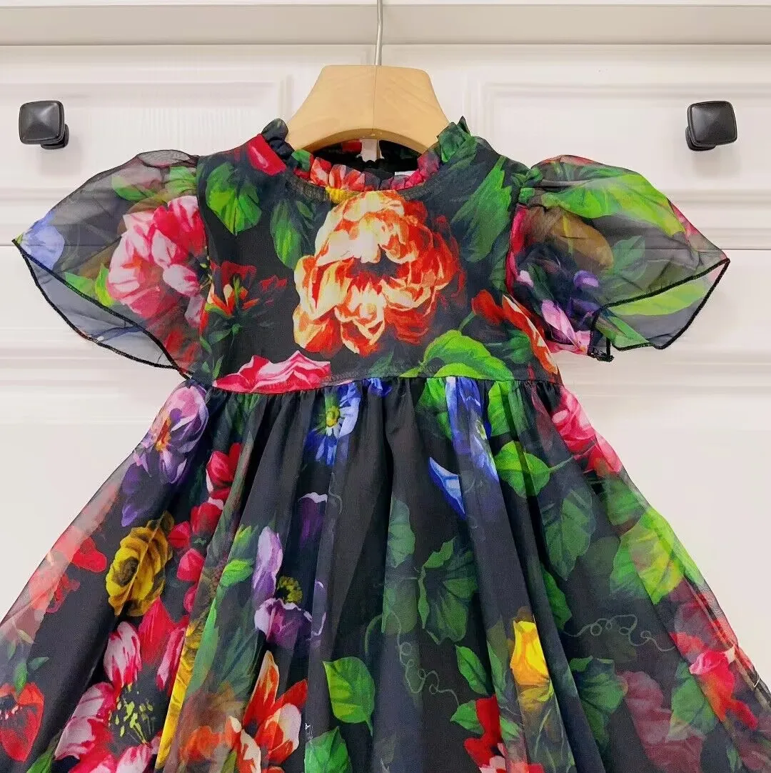 فستان أسود بأكمام قصيرة للفتيات ، ملابس أطفال ، لطيف ، تصميم زهرة ، أميرة ، الصيف