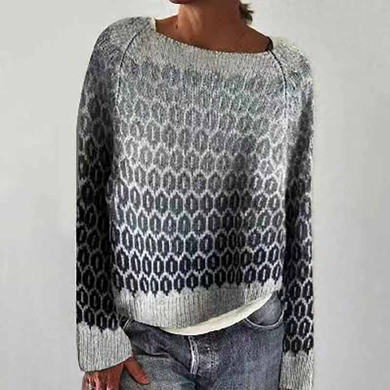 

3XL Retro Pattern Print Jacquard Sweater Women Casual Crew Collar Knitwear Tops Autumn Winter Long Sleeve Warm Pullover Harajuku