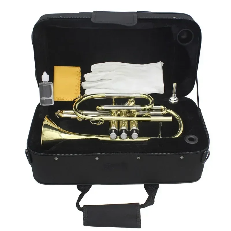 Professional Bb Cornet B Flat Gold Plated Brass Cornet Instrument with Mouthpiece Gloves Cleaning Cloth Carrying Case Parts