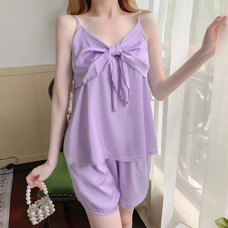 

2023 New Fashion Ladies Sexy Pajama Set Women's 2 Pieces Sleepwear Pyjamas Silk Satin Cami Top and Shorts Female Pajamas