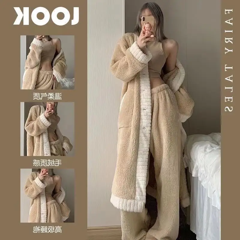 

Новинка 2023 пижама из чистого кораллового бархата Женская осенне-зимняя комфортная плотная плюшевая ночная рубашка брюки домашний костюм 513