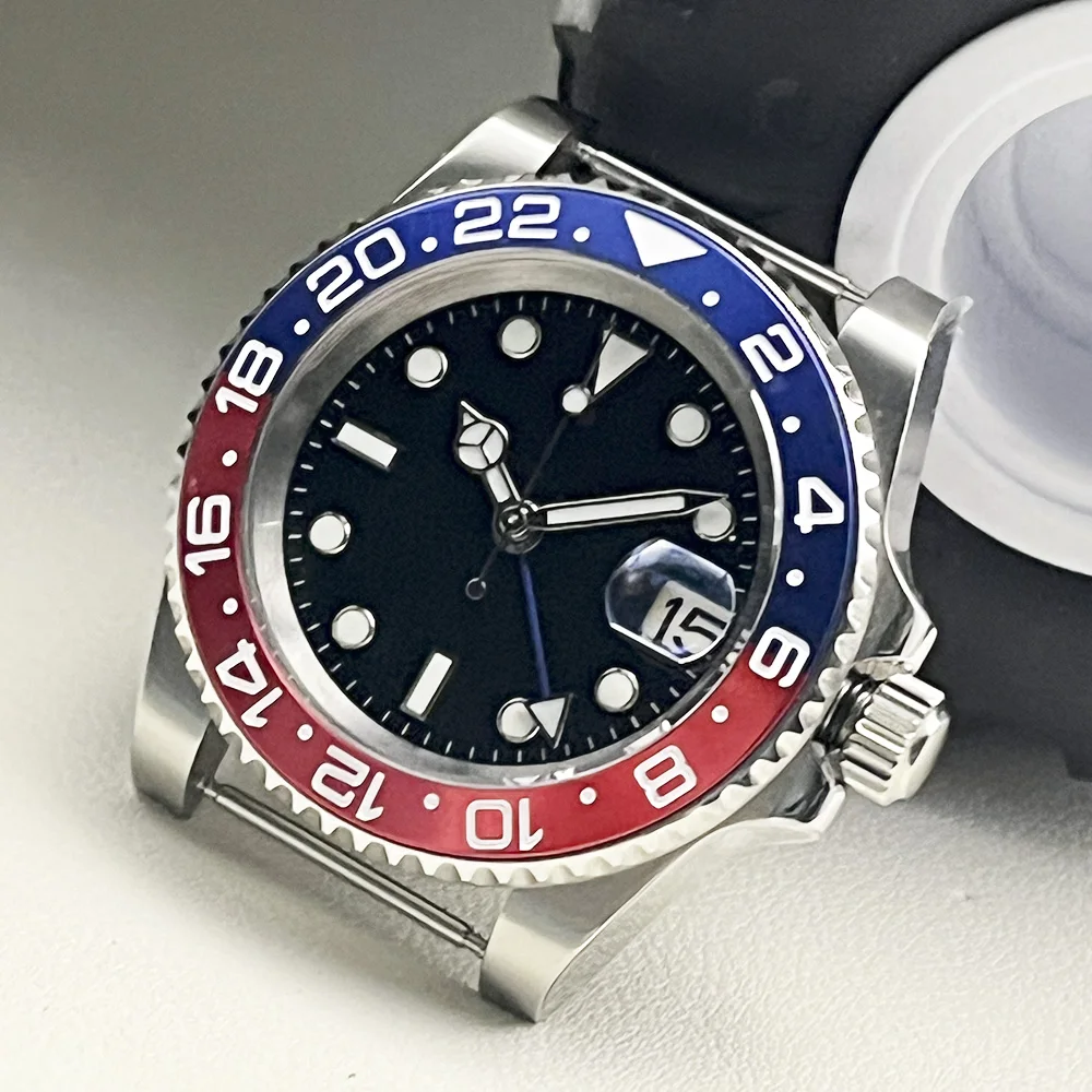 Orologio meccanico automatico da uomo Nh34, funzione lancetta GMT blu, cassa da 40 mm, lunetta girevole, quadrante nero