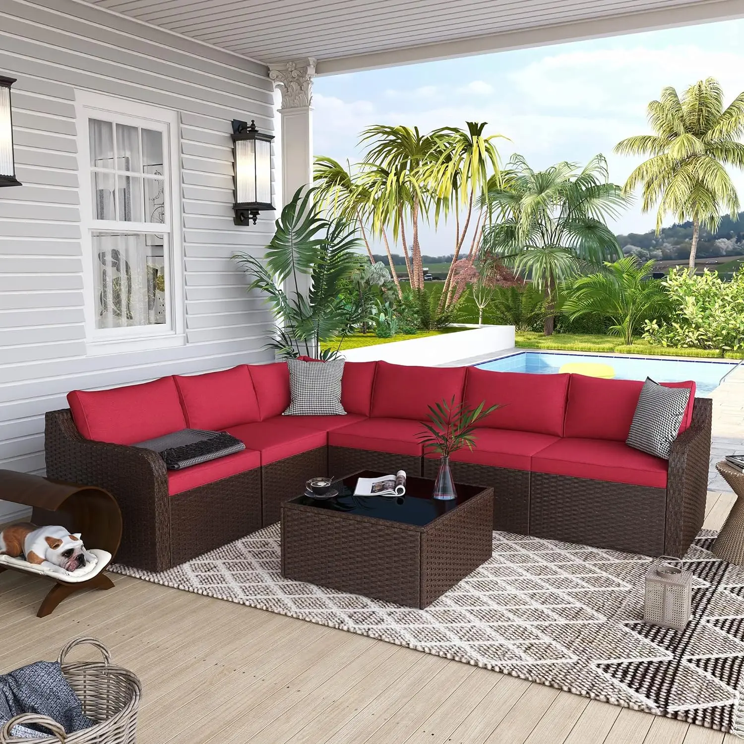 

7pcs High Back Outdoor Furniture Set,PE Rattan Sectional Sofa,Wicker Patio Conversation Set w/ Cushion & Glass Table for Garden