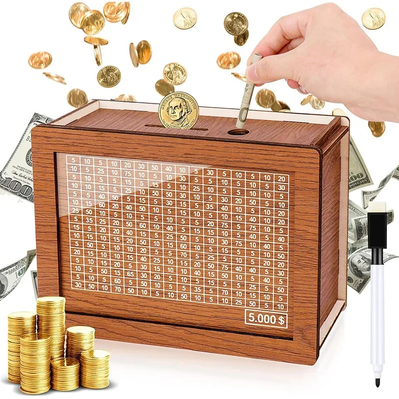 10000 Euro Money Box Decorative Natural Wooden Saving Money Box with Goals Reusable Counter Piggy Bank for Kids Home Decor