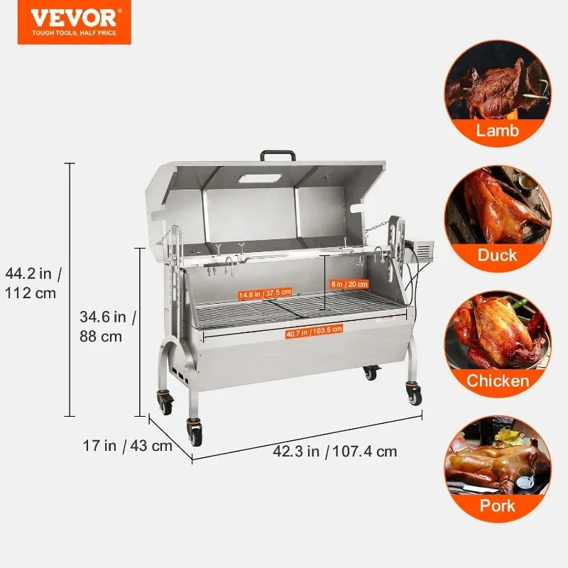 VEVOR Stainless Steel Rotisserie Grill with Hooded Cover, BBQ Whole Pig Lamb Goat Charcoal Spit Grill, 46 Inch 132Lbs Capacity 6