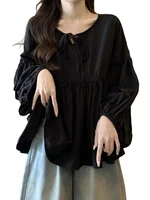 plus Size Women's Bla Long Sve Lantern Sve irt Loose Fro Princ Sle Sweet Wind Breathable Autumn Commute Top