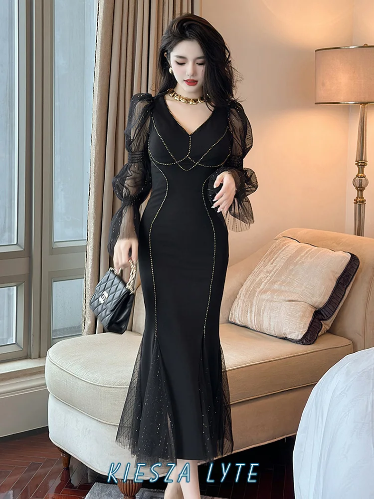 

Elegant French V-neckline Dress Lantern Sleeves Mesh Fashion Party 2024 Spring Vestidos Retro open wire black Sexy Dress traf