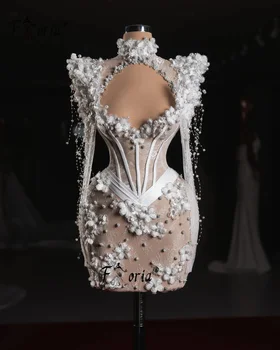 Customized Fully Handmade Flowers Tassel Prom Dresses 2025 White Beaded Long Sleeve Sexy Short Cocktail Dress Mini Homecoming