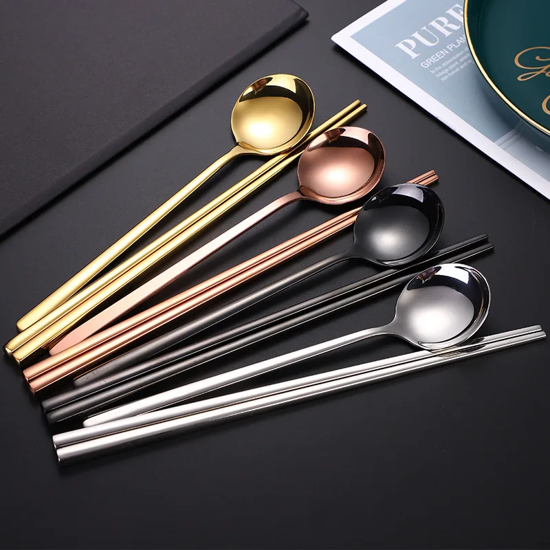Korean 304 Stainless Steel Long Handle Chopsticks Round Head Spoon Solid Color Cutlery Set Home Tableware Kitchen Utensils