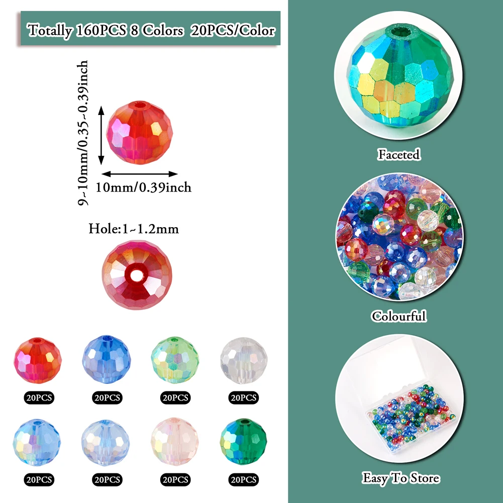 160Pcs Colorful Faceted Round Transparent Electroplate Glass Loose Beads For DIY Jewelry Making Accessories