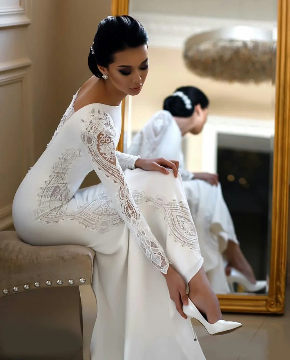SoDigne Muslim Mermaid Satin Lace Wedding Dresses For Women 2023 Long Sleeves Arabic Bridal Dress Elegant Bride Gown 4