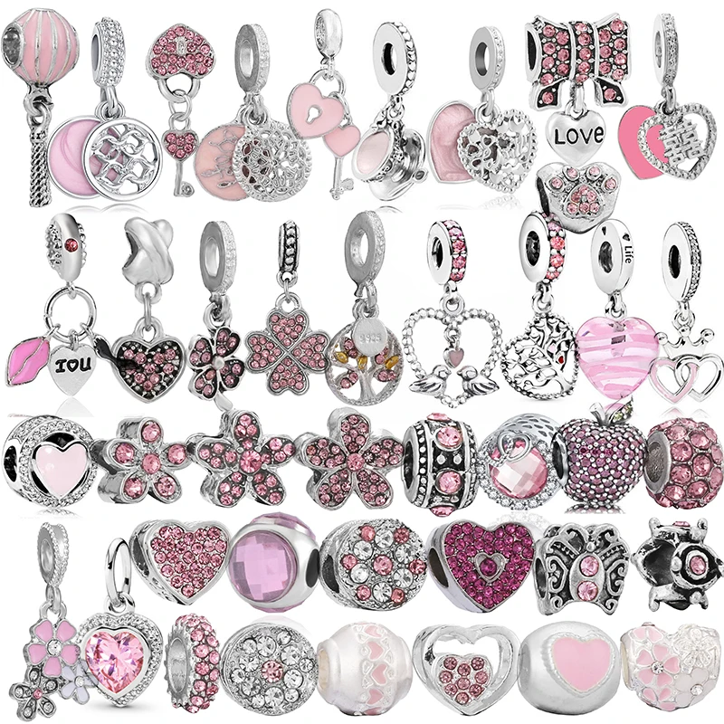 10Pcs/Lot Pink Water rhinestone Heart Flower Pendant Charm Bead Suitable Women DIY Original Brand Bracelet Necklace Direct Sales