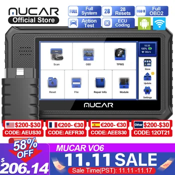 MUCAR VO6 All Cars Lifetime Free Full System 28 Resets Obd2 Diagnostic Tools BI-Directional ECU Coding Scan Obd 2 Auto Scanner