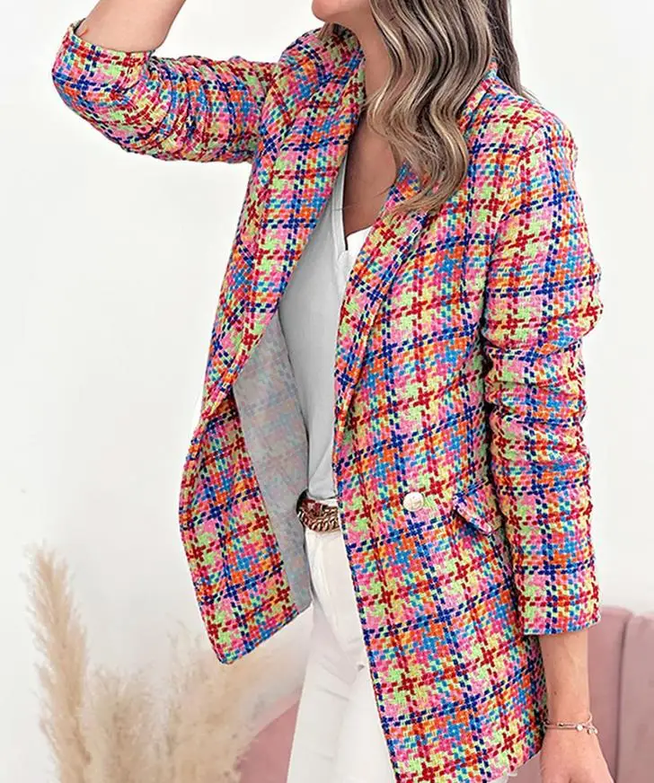 

Women's Blazer 2023 Plaid Printed Long Sleeve Pocket Two Button Casual Blazer Autumn and Winter Fashionable Suit Jacket