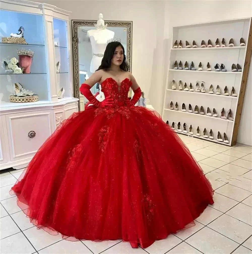 ANGELSBRIDEP 15 Party Sexy Red Ball Gown Quinceanera Dresses Strapless 3D Flower Design Tulle Formal Cinderella Birthday HOT
