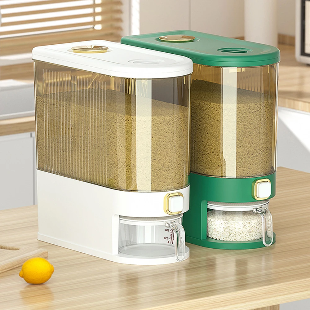 

Press-Type Rice Bucket with Measuring Cup Container Waterproof Dustproof Storage Cans for Grain Nuts Organizers Storage