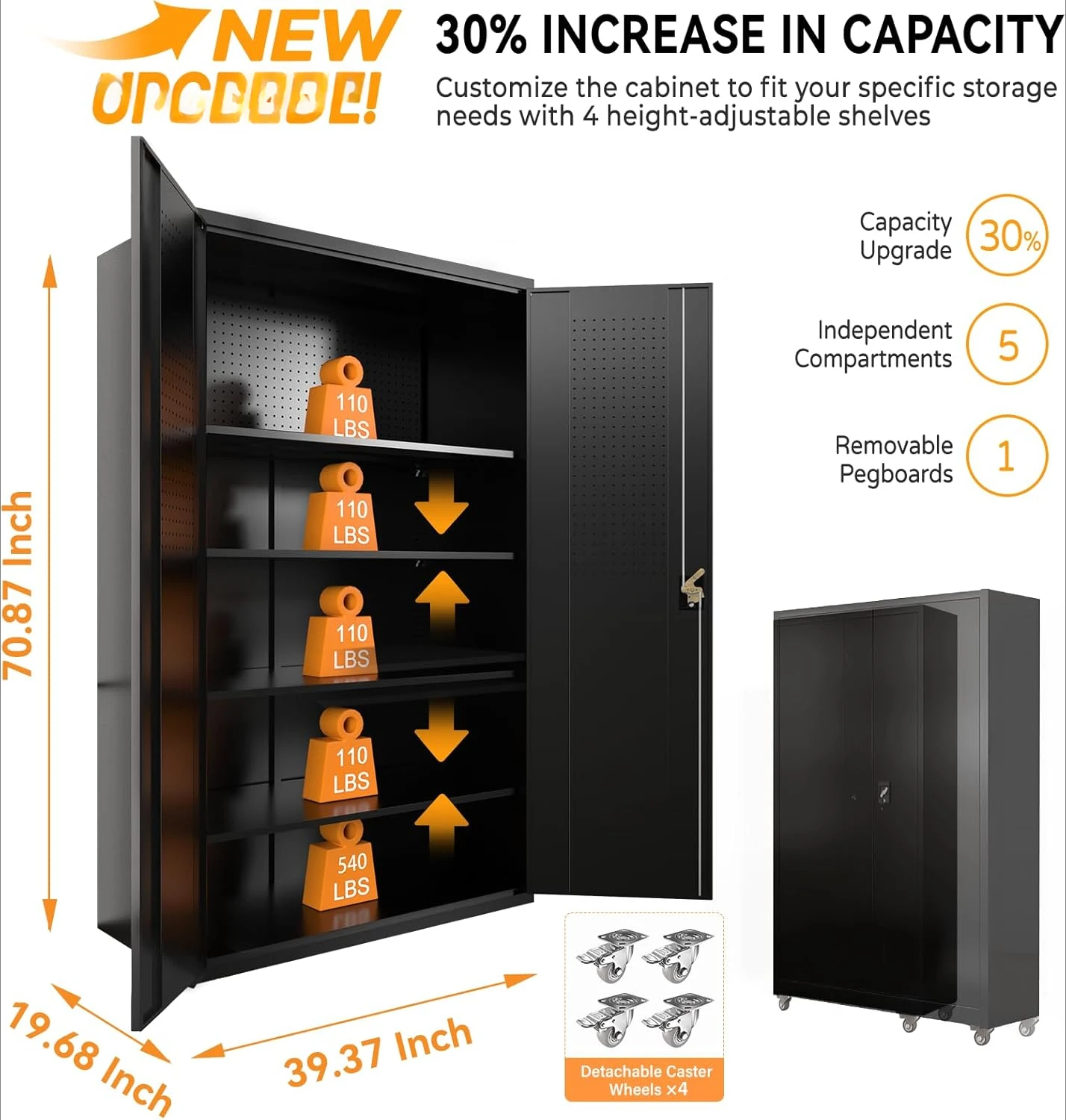 Upgraded high and wide metal storage cabinet with doors and 4 adjustable shelves, equipped with wheels and nail boards 2