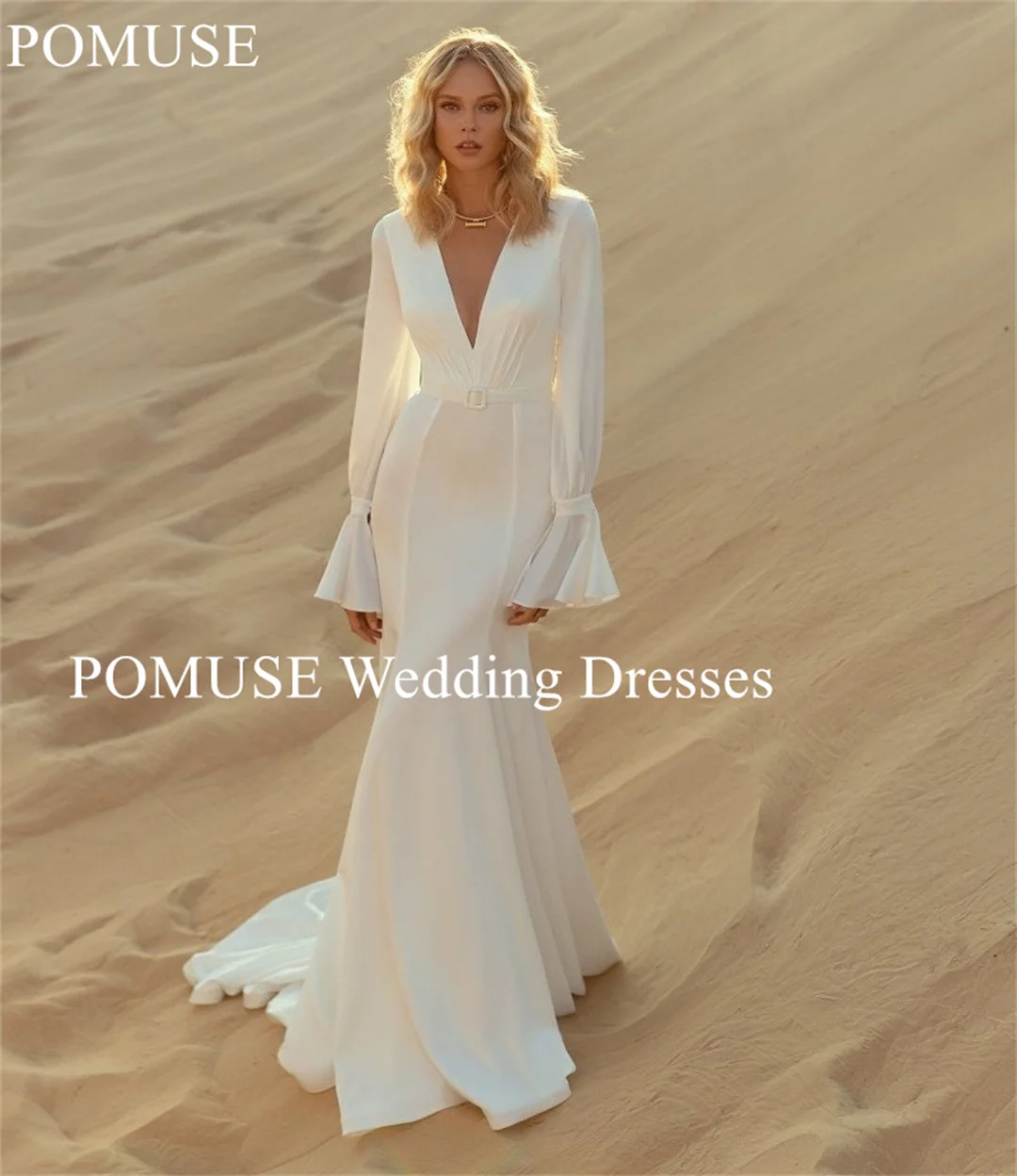 

POMUSE Boho Romantic Hipple Beach Satin Wedding Dress Deep V-Neck Wedding Bride Gown Custom Made Vestido De Novia for Women