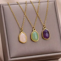 Collier ovale en pierre colorée pour femmes, en acier inoxydable, couleur or, opale verte, pendentif, bijoux esthétiques, Gif 6