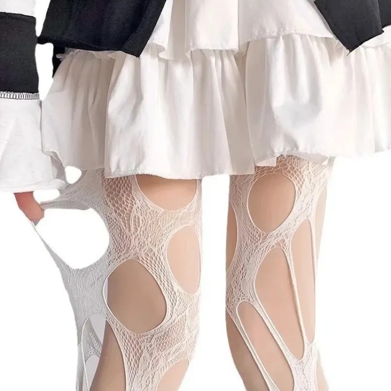 Women Broken Hole Stocking Punk Sexy Holes Fishing Gothic Y2k Lace Torn Pantyhose Goth Fishnet Tights