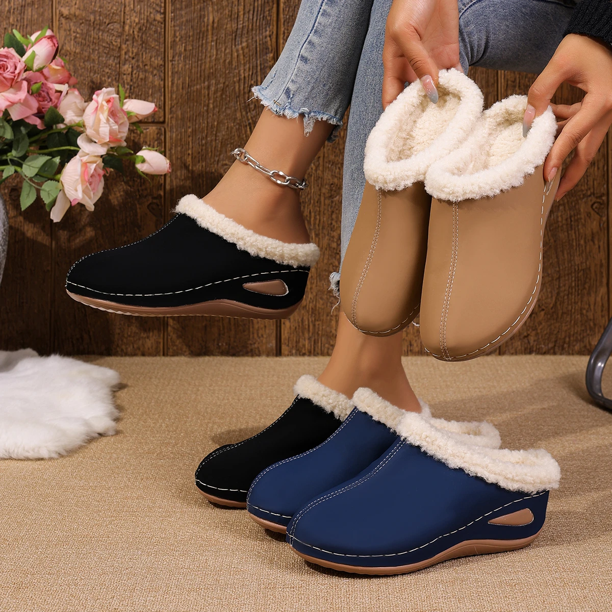 Ladies Shoes 2025 New Closed Toe Women's Slippers Fashion Outdoor Casual Winter Plus Velvet Keep Warm Comfortable Flat Slippers