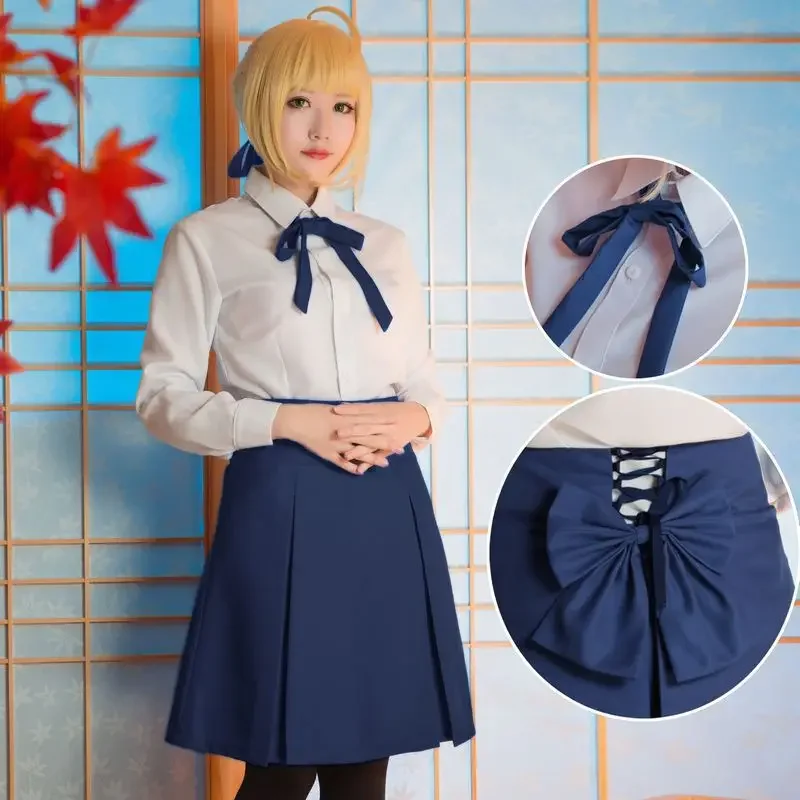 

Hot Sale Fate/stay night Saber Dress Altria Pendragon High Waist Tunic Skirt School Student Uniform Outfit Anime Cosplay Costume