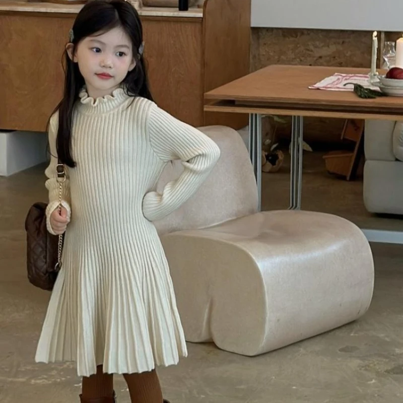 فستان بناتي منسوج كوري بلون سادة لخريف وشتاء  ملابس تريكو جديدة أنيقة متوسطة الطول تخفيضات كبيرة