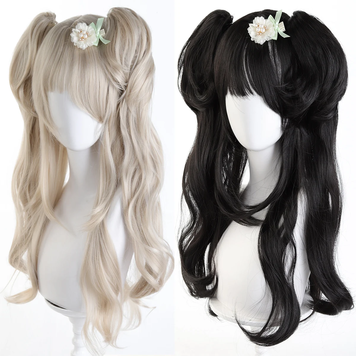 Synthetic platinum Lolita wig double ponytail natural curly wave female headgear wig long curly hair cosplay wig