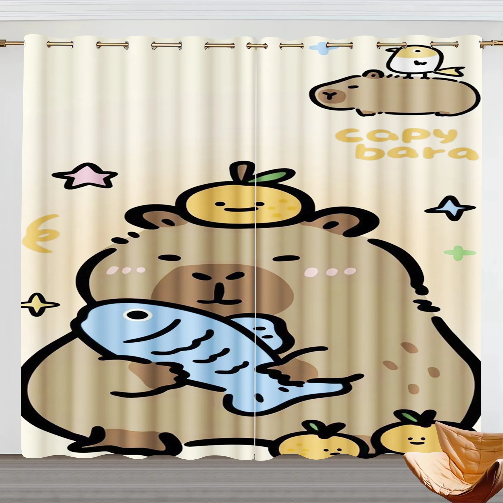 Capibara Cartoon Window Curtain, Guinea Pig Decoration, 100% Polyester Shade Curtains, Bedroom, Living Room, 2 Tablets Sets 2