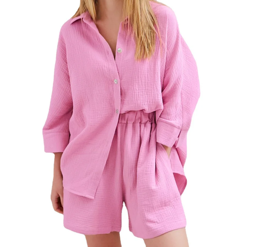 

2023 Spring/Summer New Solid Color Slim City Leisure Long Sleeve Casual LooseShorts Set Candy Color Fashion Women's Wear