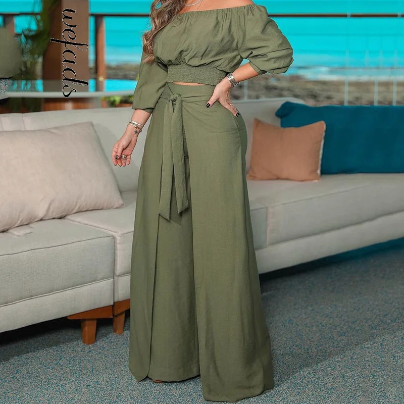 New high waist wide waist pants + off the shoulder slash neck short two-piece set