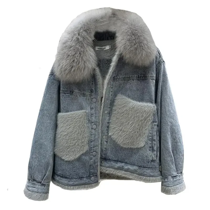 2023 50% cotton  Fashion Korean Edition Thickened Denim Coat Women Autumn Winter Loose Sweetened Lamb Wool Cotton Coat Polo Neck