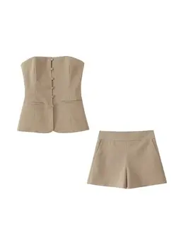 بلوزة مثيرة بدون حمالات منقوشة وشورت بخصر مرتفع وسحاب جانبي 1