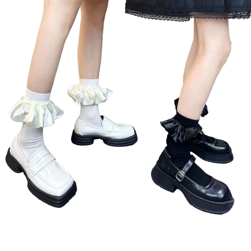 

Japanese Women JK Girl Ribbed Cotton Casual Socks Preppy Silky Ruffled Trim Patchwork Frilly Ankle Socks