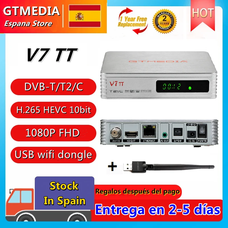 Gtmedia V7 Tt Ricevitore Tv Terrestre Dvb-T/T2/Decoder Cavo H.265 Hevc 10Bit Tuner Usb Wifi Tdt Set Top Box Stock In Italia