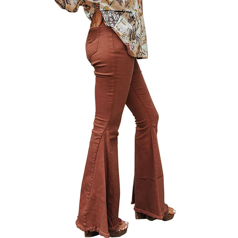 

Autumn solid color pocket button high waisted jeans woman vintage flares pants
