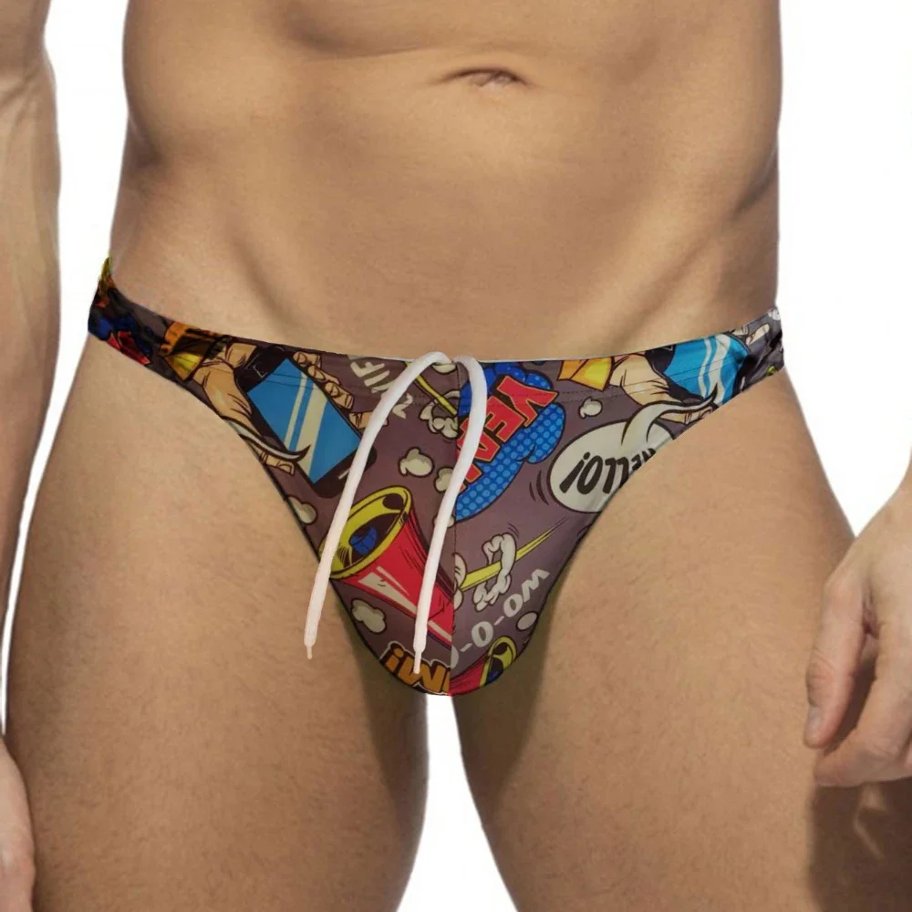 Men's Traditional Swim Thong Swimwear Fun Pop Style Low Rise Bikini Bathing Suit Sexy Swimsuit Beach Underwear with Drawstring