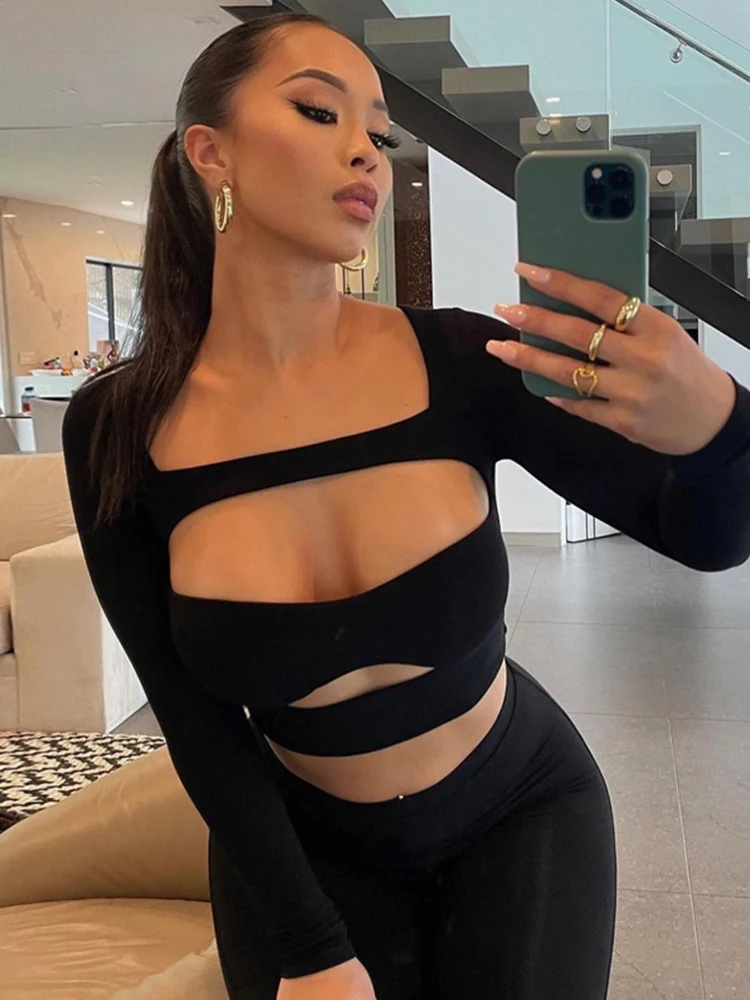 

Long Sleeve Hollow Out Undefined Sexy Bodycon Tops Long Pants 2022 Fashionable Casual Biker Two Pieces Set