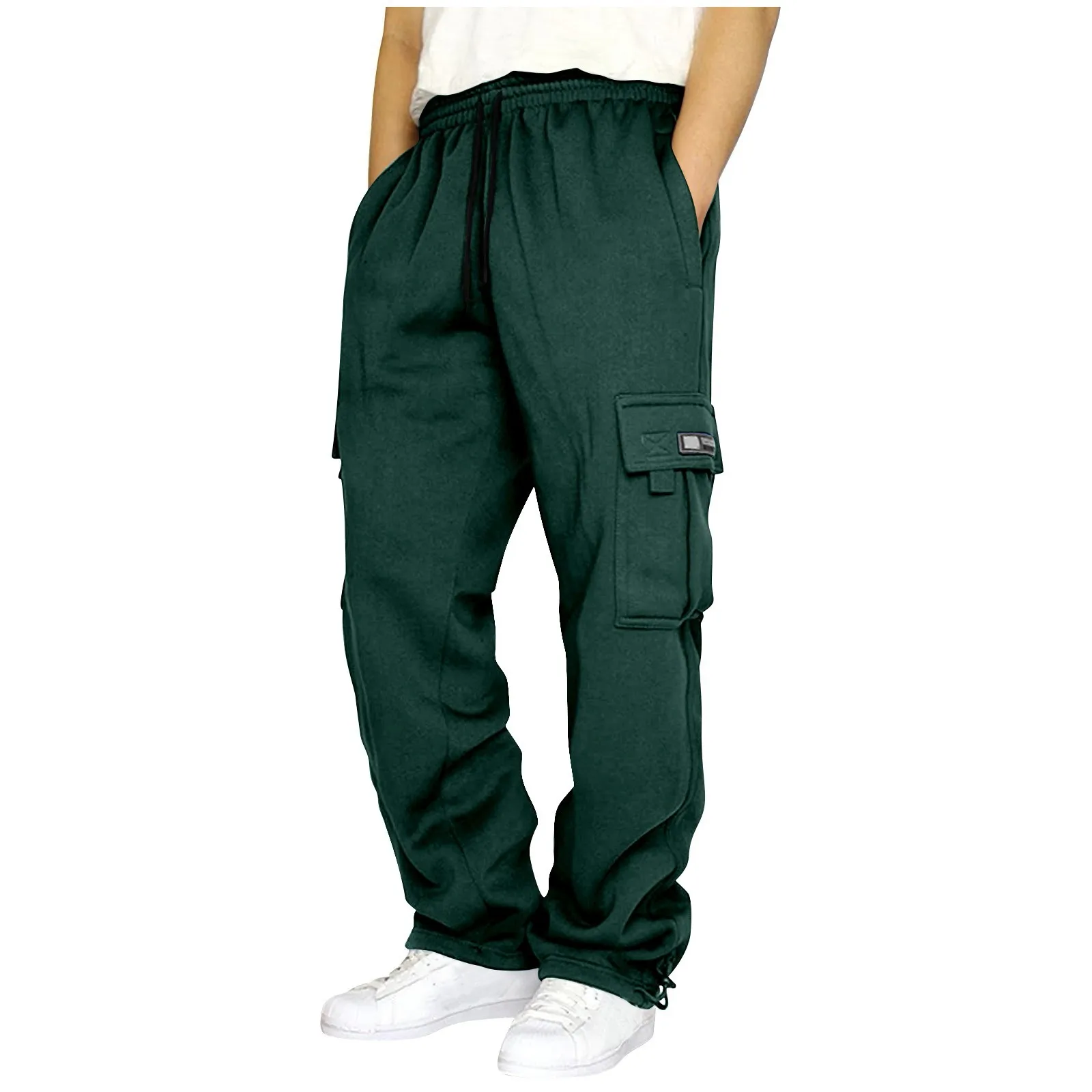 Men Pants Autumn Winter Fleece Sweatpant Casual Multi-pocket Loose Straight-leg Overalls Solid Color Thick