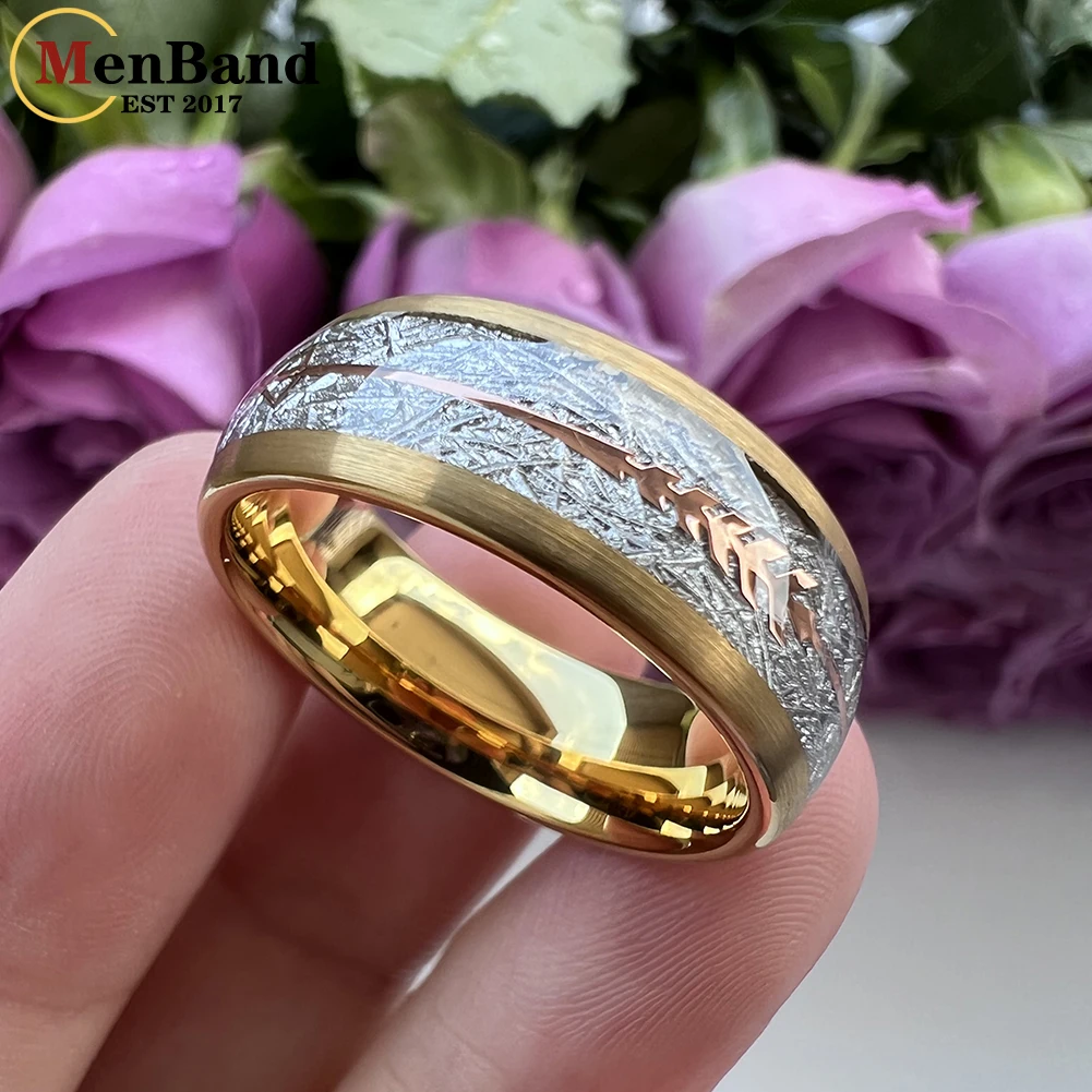 MenBand Fashion 8MM Women's Tungsten Carbide Wedding Ring White Meteorite And Rose Gold Arrow Inlay Comfort Fit